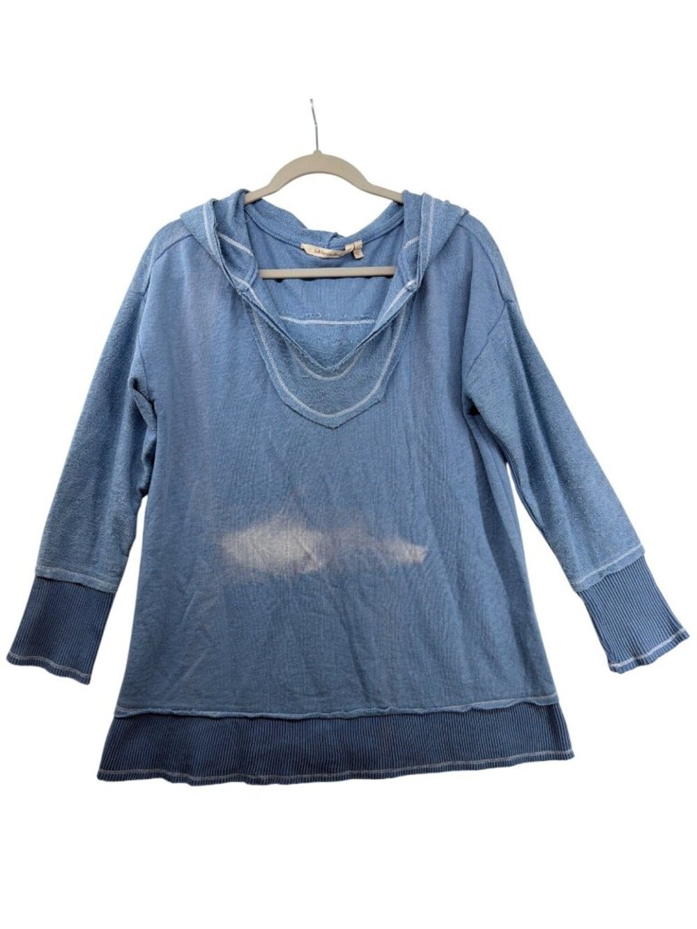 Soft Surroundings Womens Hoodie Sz S Blue Ribbed Cuffs Distressed Relaxed Beachy